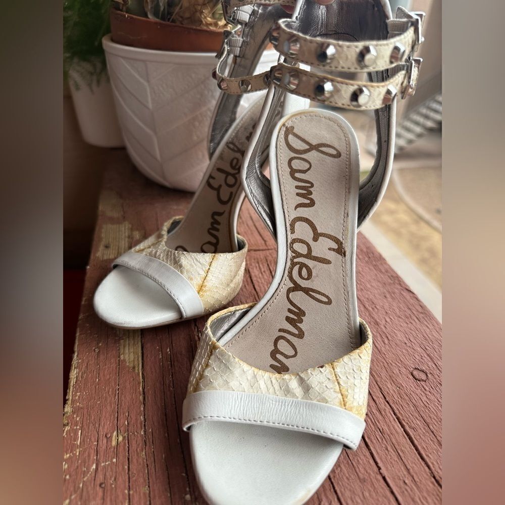SAM Edelman Women's gladiator Ayda Ankle Strap High silver spike Heels sz 6.5